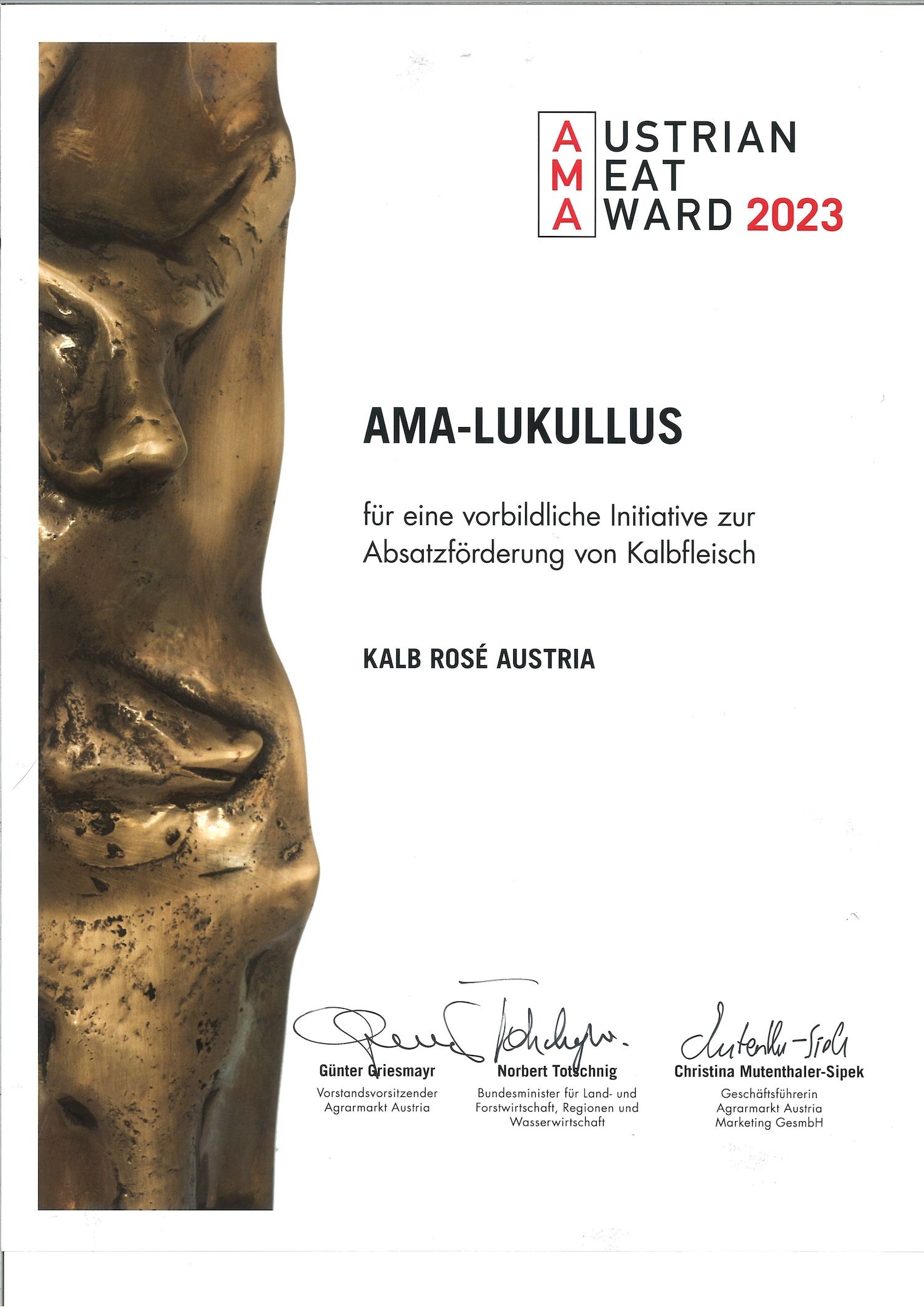 Urkunde des AMA-Lukullus Austrian Eat Award 2023